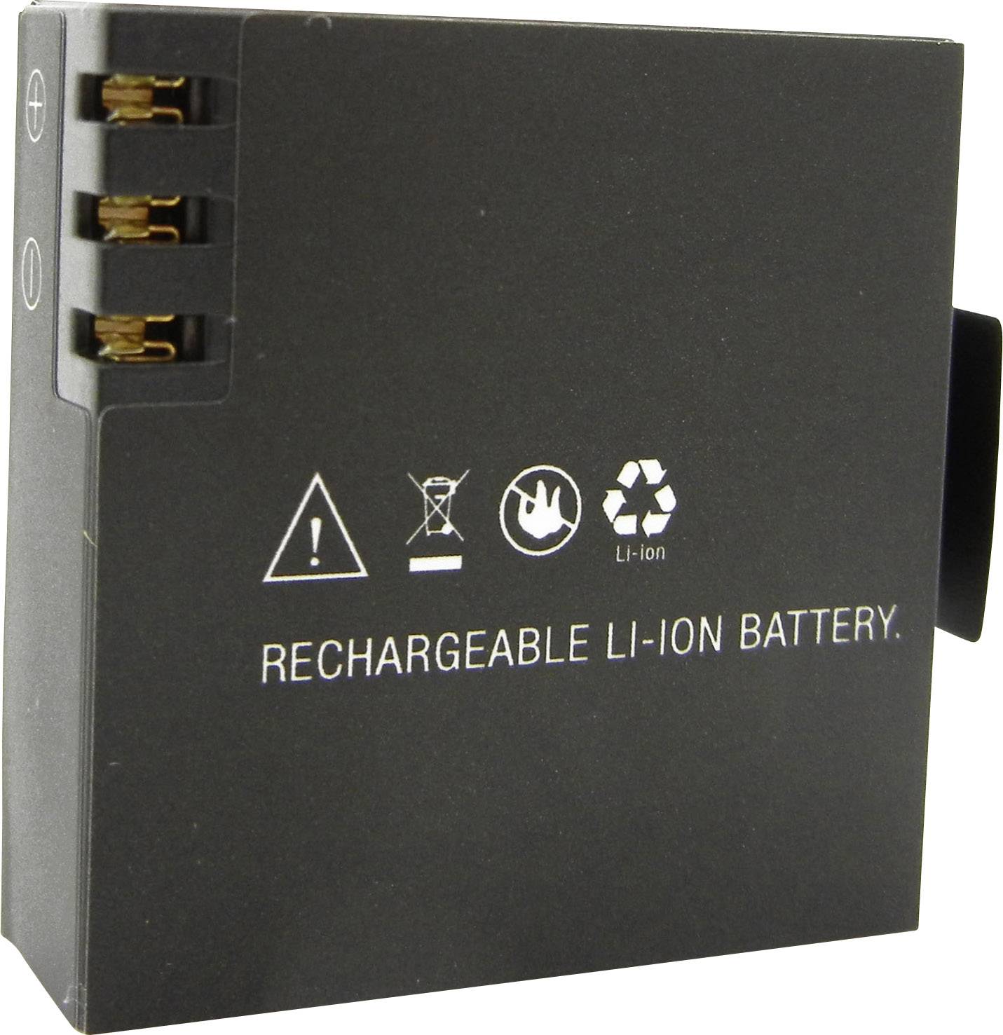 Aufladbare Li-Ion-Batterie mit Plus- und Minuspolmarkierungen, Warnsymbolen und Recyclinghinweis.