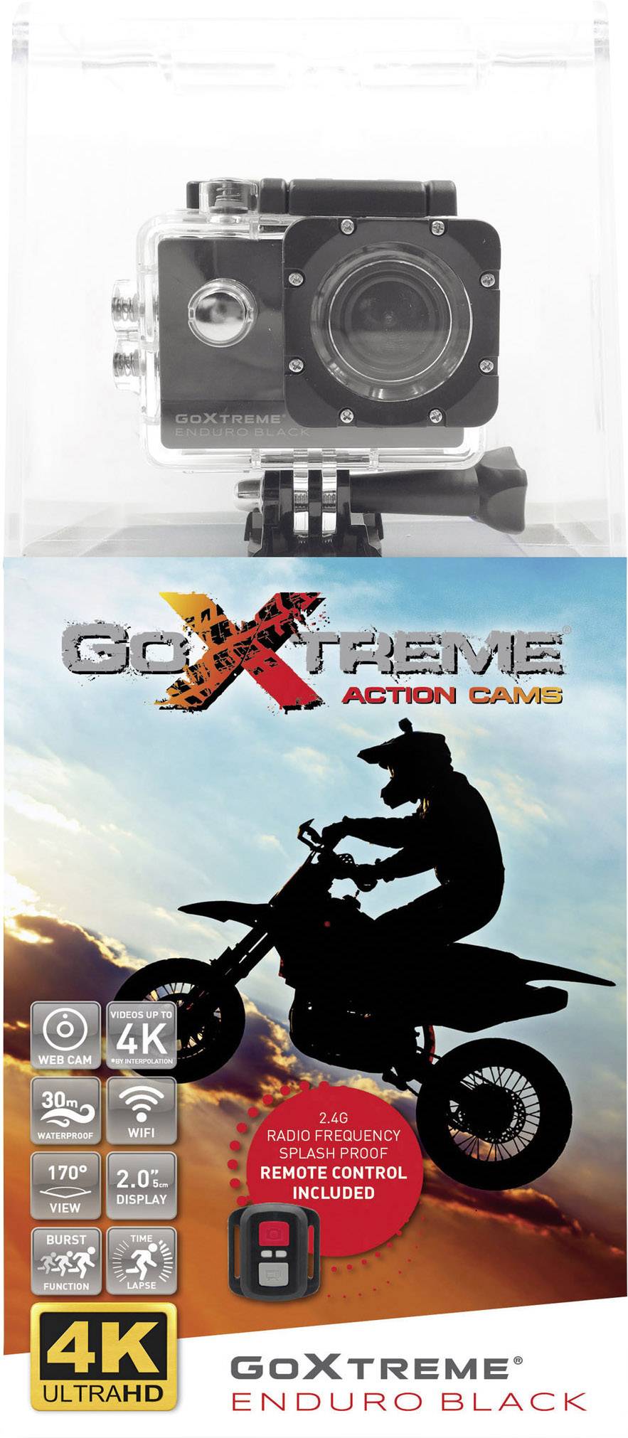 GoXtreme Action Cam Enduro Black in Verpackung, zeigt Kamera und Funktionen: 4K Video, 170° Weitwinkel, Fernbedienung inklusive. Silhouette eines Motocross-Fahrers.