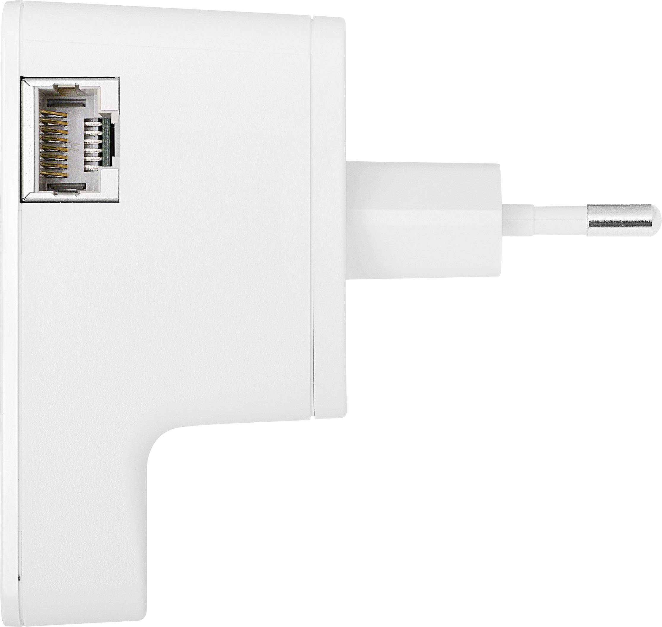 Ein weißes Ladegerät mit einem Ethernet-Anschluss auf der linken Seite, abgebildet von der Seite, zeigt die Netzstecker und Anschlüsse.