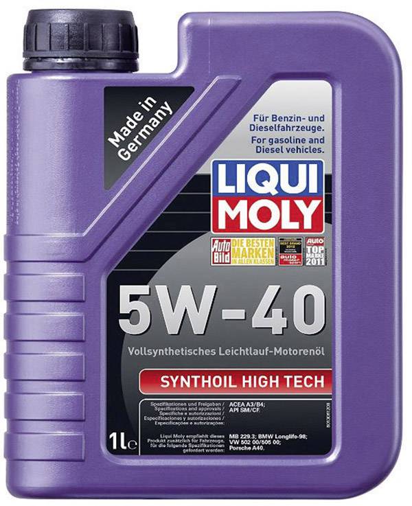 Lila Ölflasche von Liqui Moly, 1 Liter, mit Aufschrift '5W-40 Vollsynthetisches Leichtlauf-Motorenöl', geeignet für Benzin- und Dieselfahrzeuge.