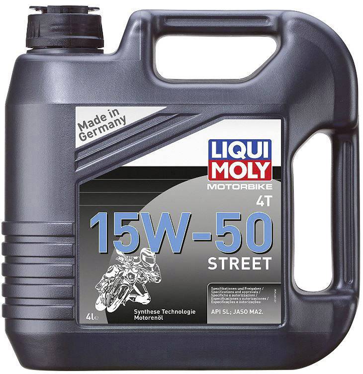 Kanister mit 'LIQUI MOLY' Motoröl, 15W-50 für Motorräder. Hergestellt in Deutschland. Geeignet für 4-Takt-Motoren, Kapazität 4L.