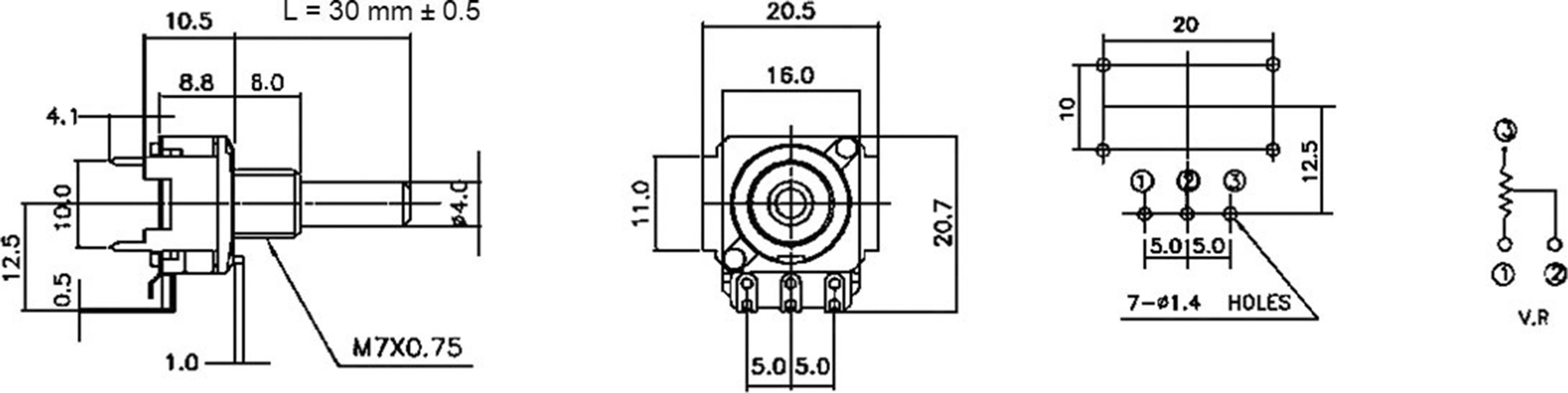 Technische Zeichnung eines Drehschalters mit Abmessungen und Anschlussdetails. Zeigt Front-, Seiten- und Obenansichten sowie Schaltschema.