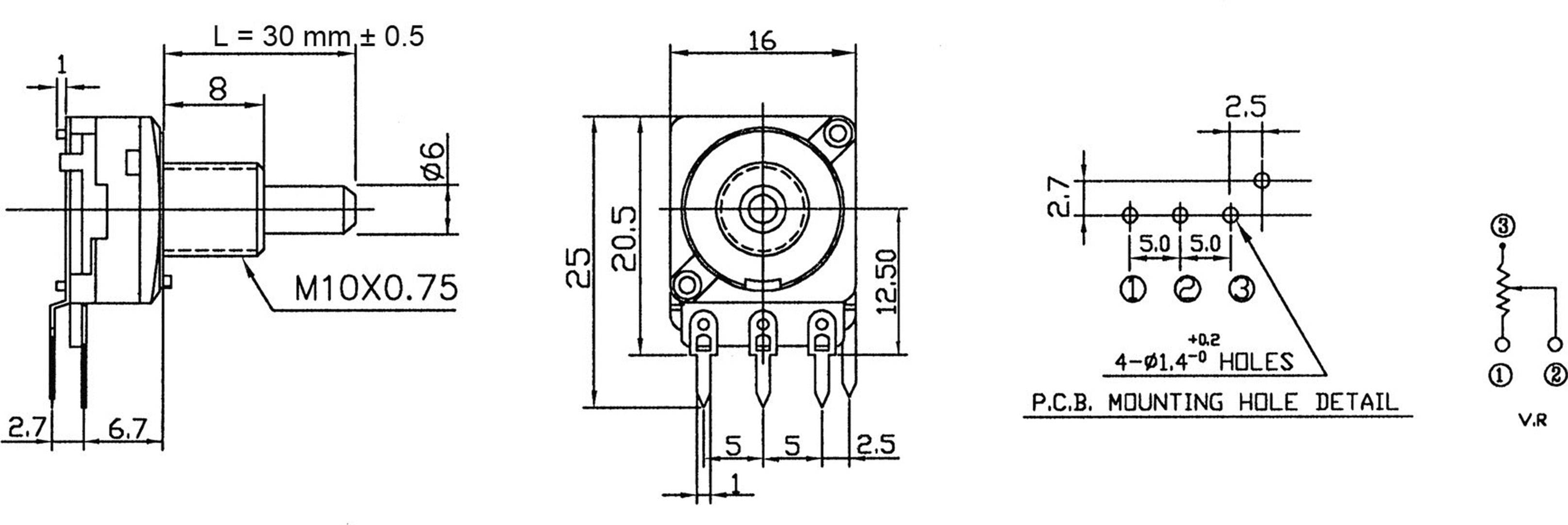 Technische Zeichnung eines Potentiometers mit Maßen, Ansicht von vorne, Seite und unten, einschließlich Befestigungslöchern und Gewindegröße.
