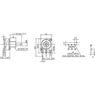 Technische Zeichnung eines Potentiometers mit Maßen, Ansicht von vorne, Seite und unten, einschließlich Befestigungslöchern und Gewindegröße.