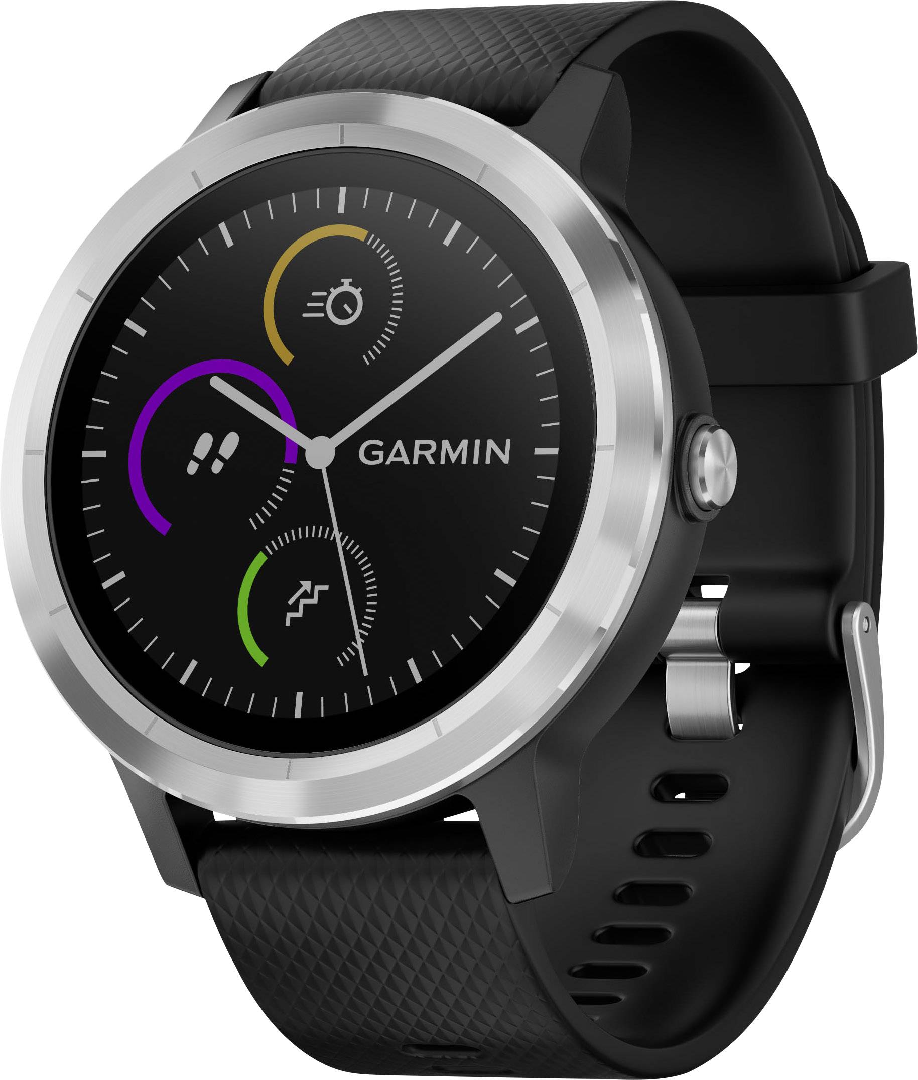 Eine schwarze Smartwatch mit rundem Display zeigt drei farbige Aktivitätsanzeiger und das Logo 'Garmin'. Sie hat ein schwarzes Armband.