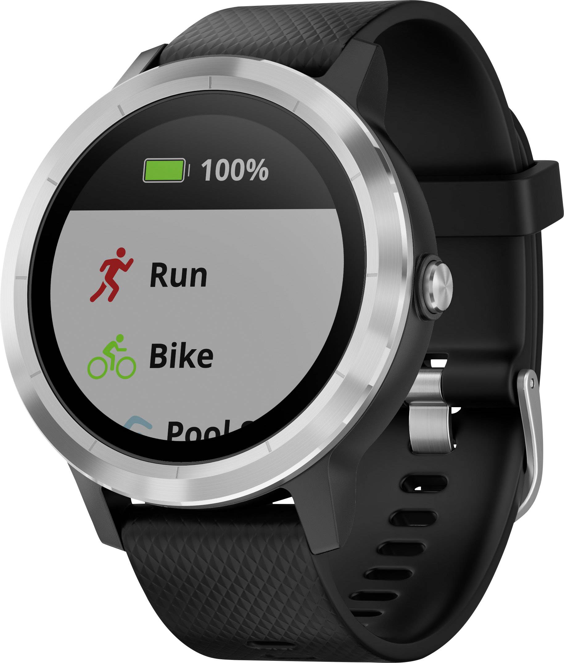 Smartwatch mit rundem Display zeigt Sportmodi: 'Laufen', 'Fahrrad', 'Schwimmen'. Batteriezustand 100%. Schwarzes Armband.