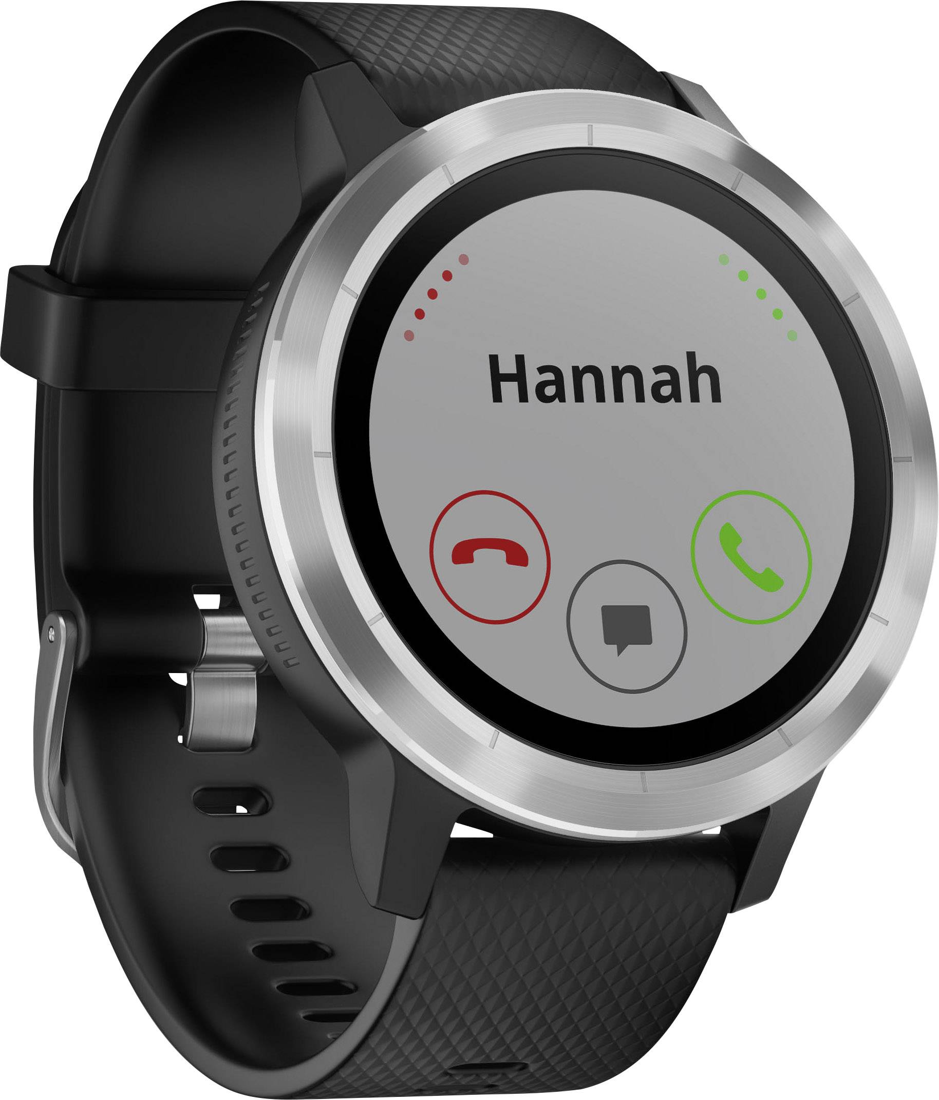 Intelligente Armbanduhr zeigt eingehenden Anruf von 'Hannah' mit Optionen zum Annehmen oder Ablehnen des Anrufs.