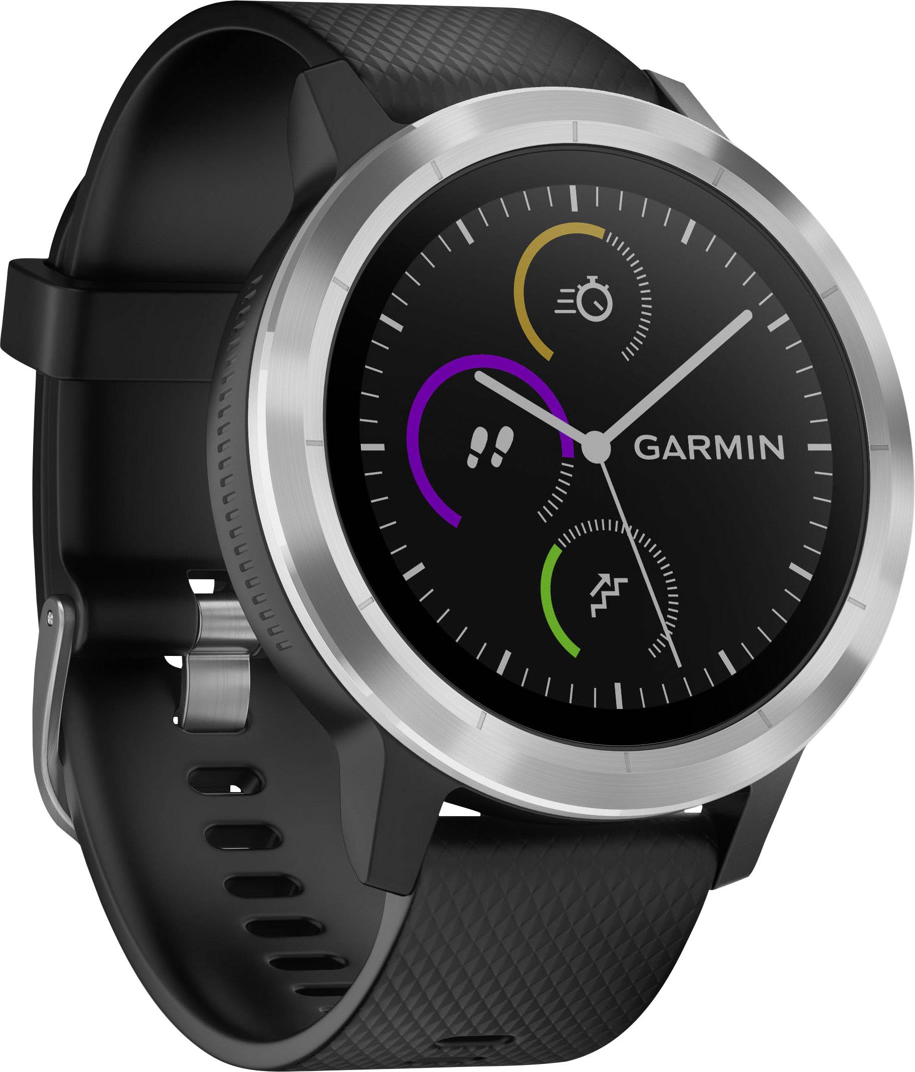 Eine schwarze Smartwatch mit rundem Zifferblatt, zeigt Fitness-Daten auf dem Display. Markenname 'Garmin' ist zu sehen.