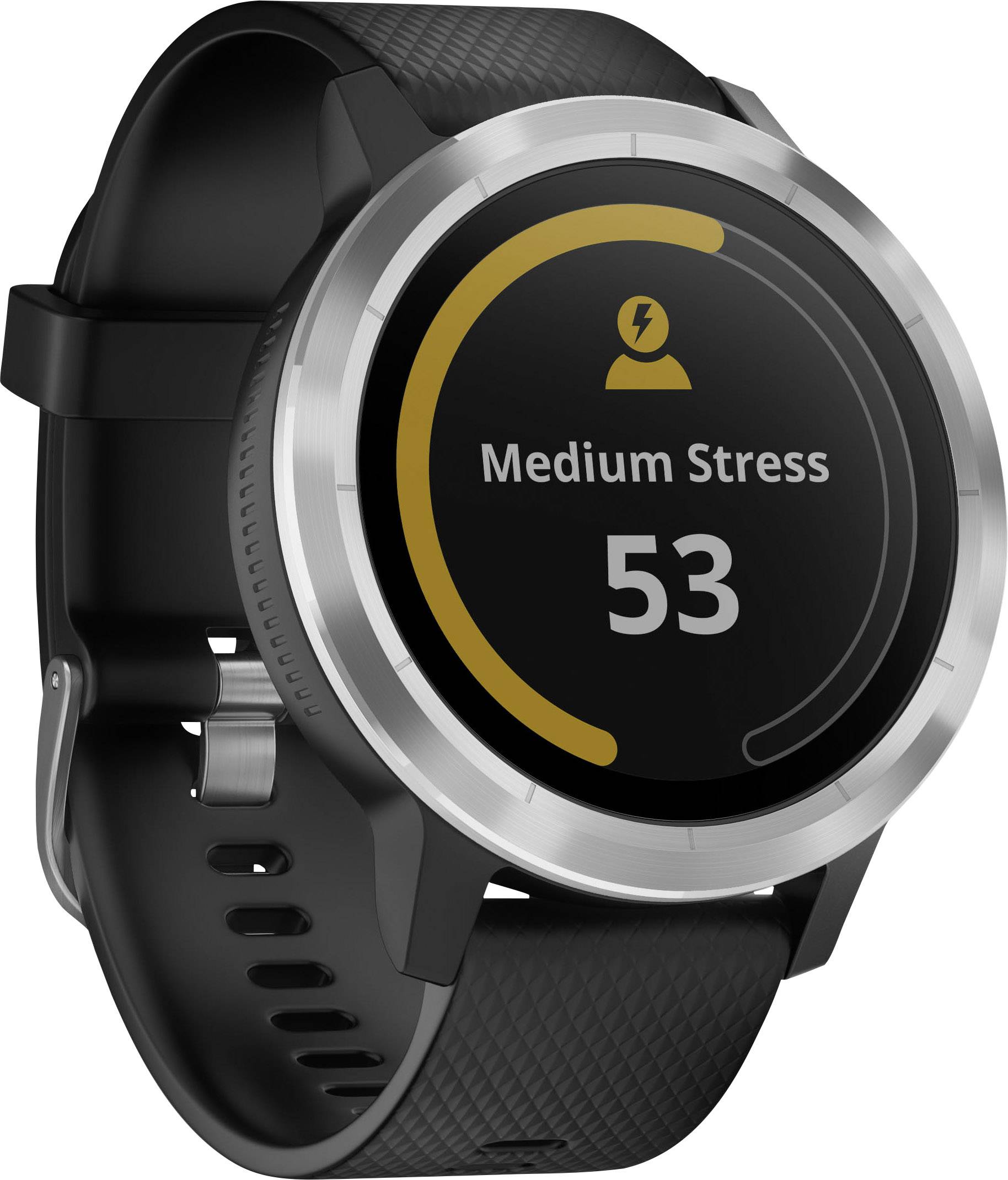 Schwarze Smartwatch zeigt 'Medium Stress' mit einem Stresslevel von 53 auf einem Ziffernblatt.