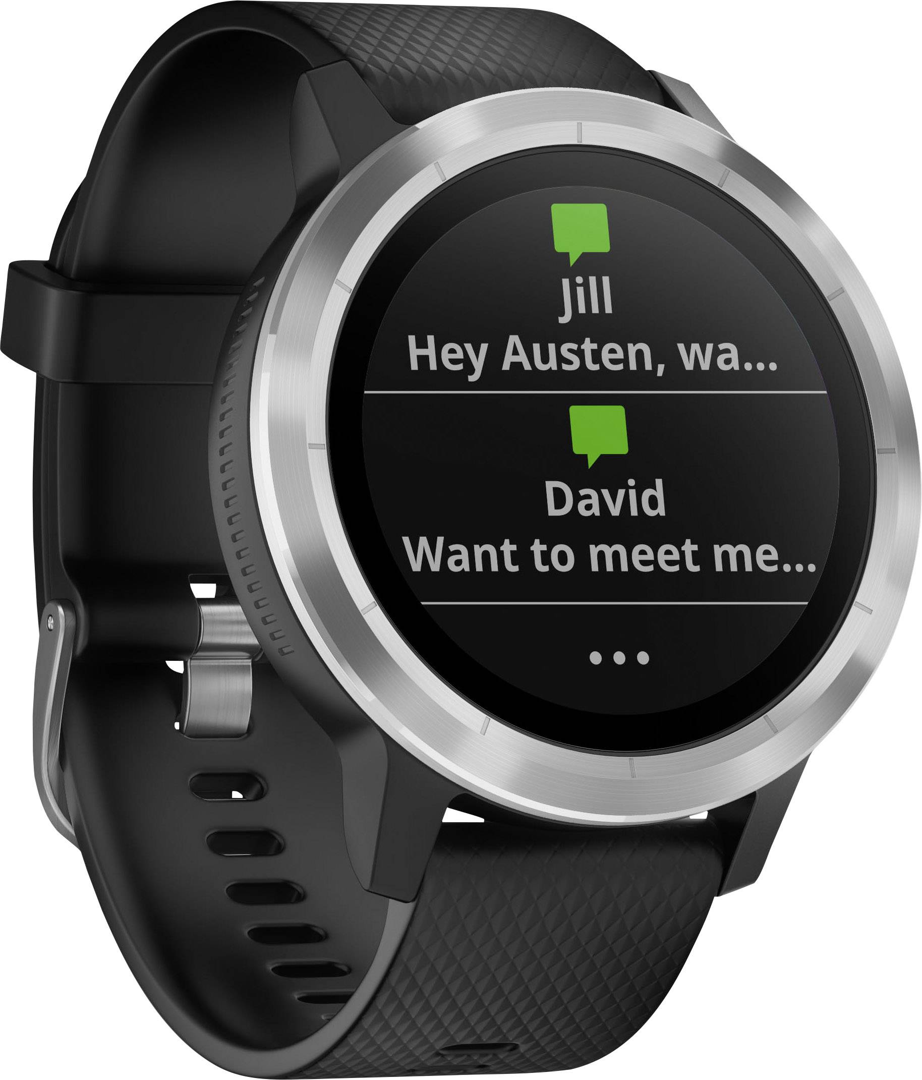 Schwarze Smartwatch zeigt Nachrichten auf dem Bildschirm. Nachricht von 'Jill': 'Hey Austen, wa...'. Nachricht von 'David': 'Want to meet me...'.