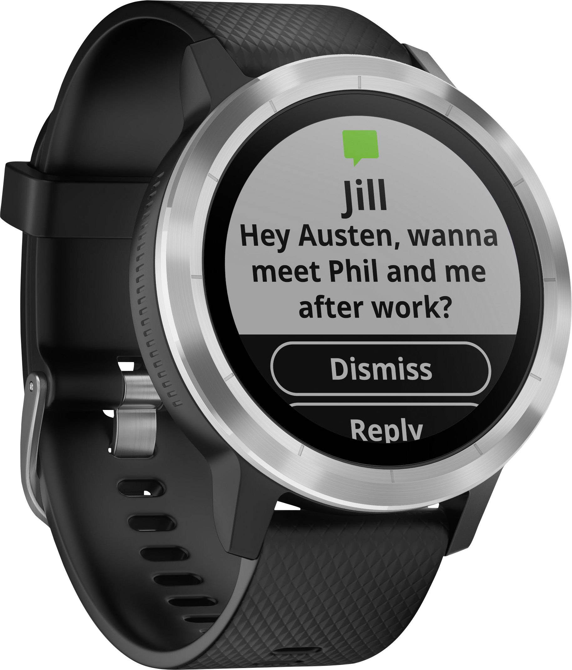 Schwarze Smartwatch zeigt eine SMS von 'Jill': 'Hey Austen, wanna meet Phil and me after work?' Optionen: 'Dismiss', 'Reply'.