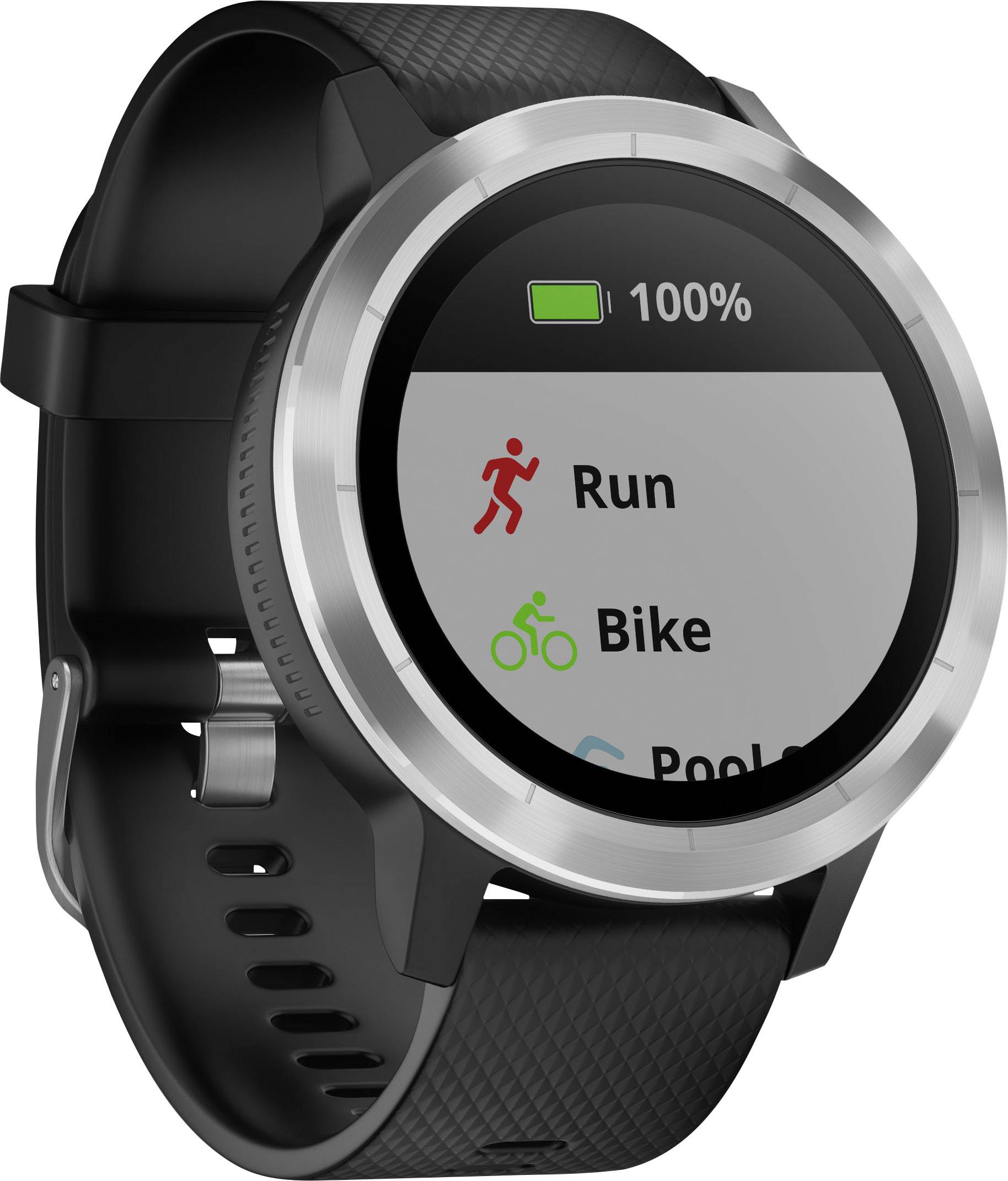 Eine Smartwatch zeigt den Batteriestatus von 100% und die Optionen 'Run', 'Bike' und 'Pool Swim' auf dem Display.