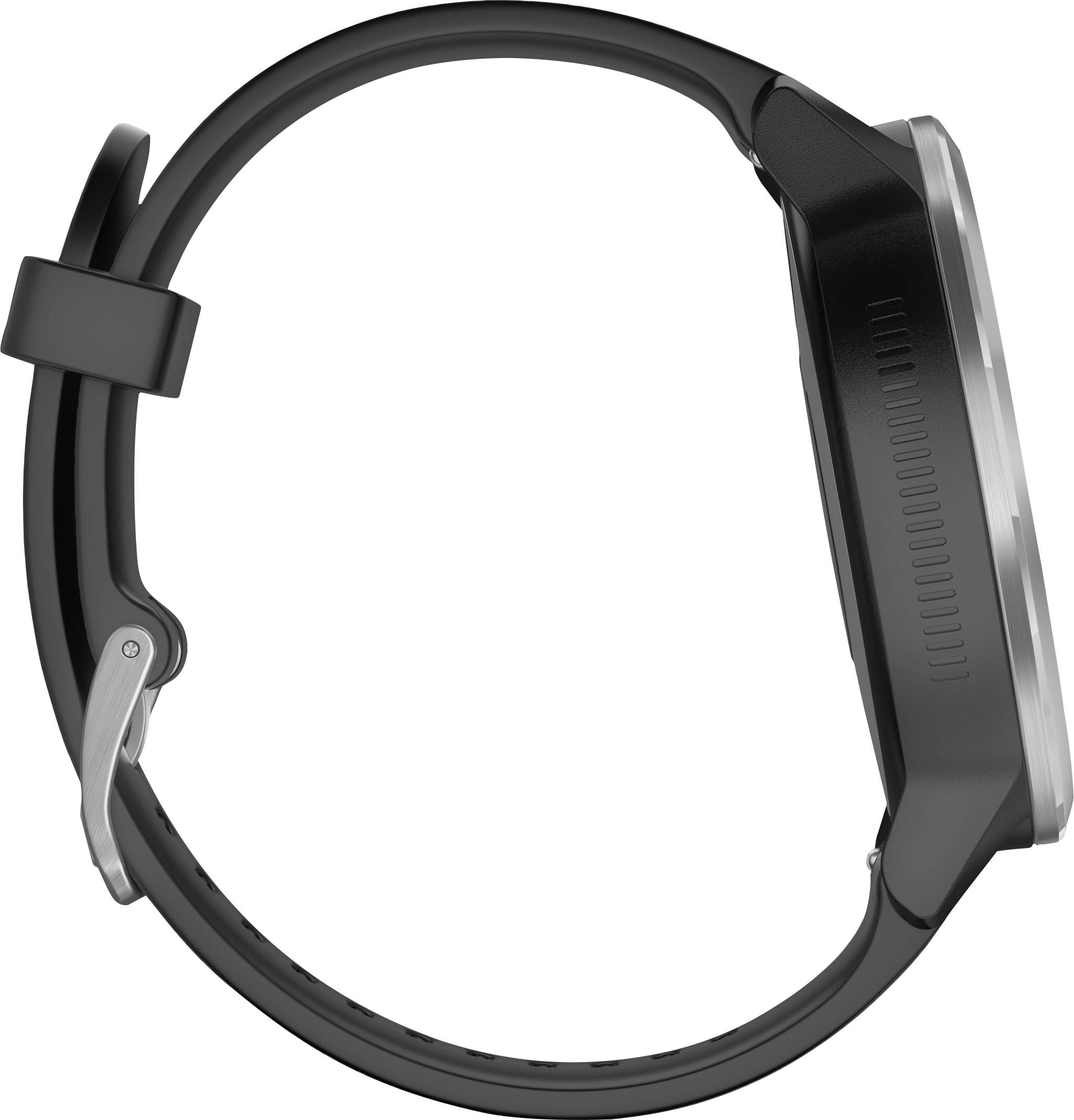 Schwarze Smartwatch, Seitenansicht, zeigt Gehäusedicke und Armband.