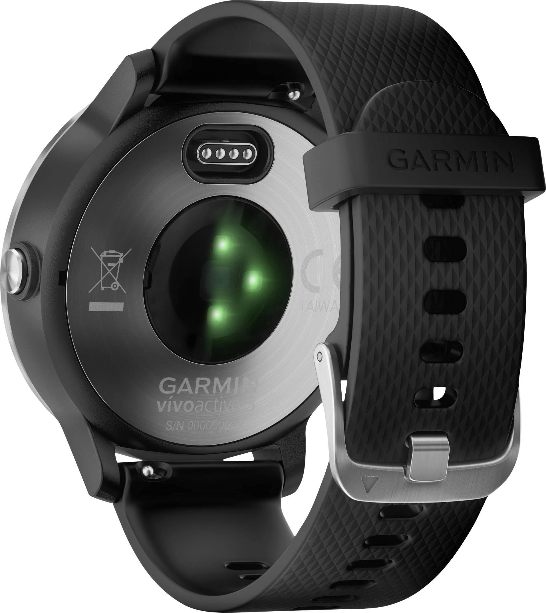 Die Rückseite einer schwarzen Garmin Smartwatch mit Herzfrequenzsensor und Ladeanschluss, Modell 'vivoactive3'.