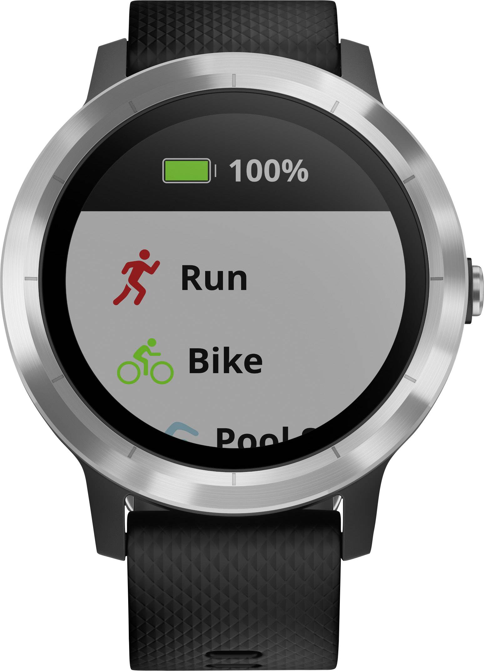 Smartwatch mit Farbsymbolen auf dem Display, zeigt Optionen für 'Run' mit rotem Läufer, 'Bike' mit grünem Fahrrad; Batteriestatus 100%.