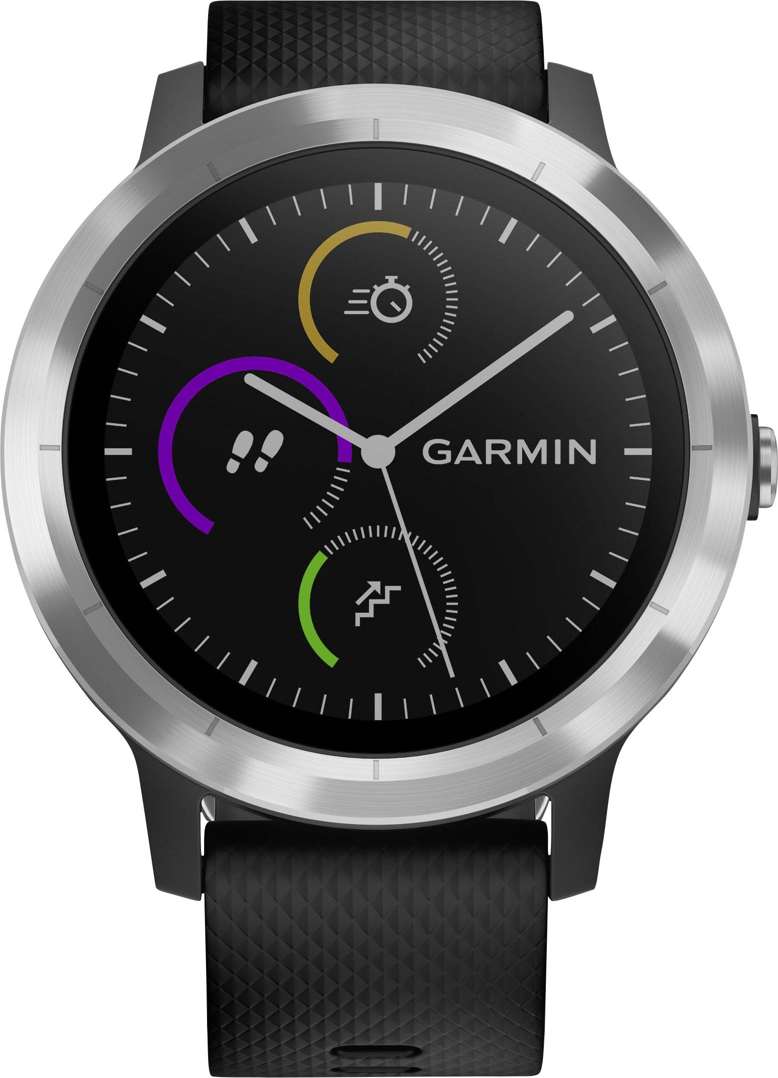 Eine Smartwatch mit silbernem Gehäuse und schwarzem Armband zeigt bunte Aktivitätssymbole und das Wort 'GARMIN' auf dem Display.