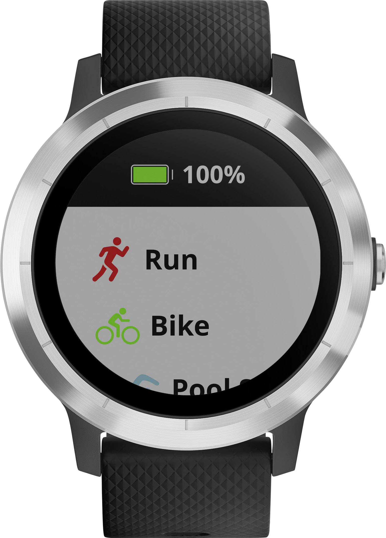 Smartwatch Anzeige: Akku 100 %, Optionen: 'Run', 'Bike', 'Pool'.