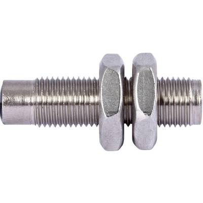 Ein Metallbolzen mit zwei Muttern. Bolt ist zylindrisch mit Gewinde, dient zur Befestigung. Muttern sind bis zur Mitte aufgeschraubt.