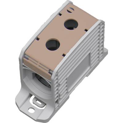 Ein grauer elektrischer Klemmsockel mit zwei runden Anschlüssen und einem rechteckigen Sockel. Geeignet zur Aufnahme von elektrischen Leitungen.