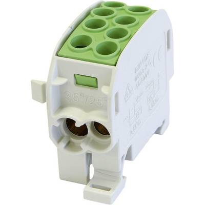 Weißer elektrischer Anschlussblock mit grünem Oberteil, mehreren Anschlusslöchern und technischen Kennzeichnungen an der Seite.