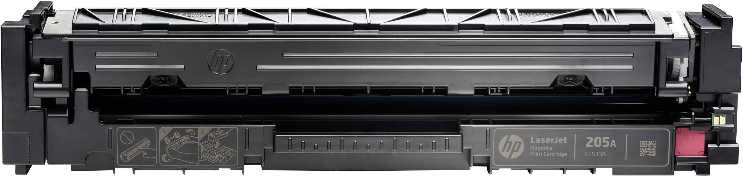 Eine schwarze Tonerkartusche von HP, Modellnummer 205A, mit sichtbarer Vorderansicht und Etikett mit Produktinformationen.
