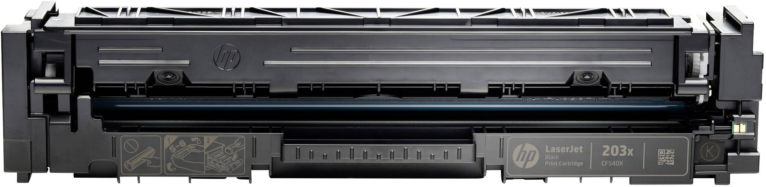 Eine schwarze Tonerpatrone für einen HP-Drucker, Modell 203X, mit Sichtfenster für den Tonerstand.