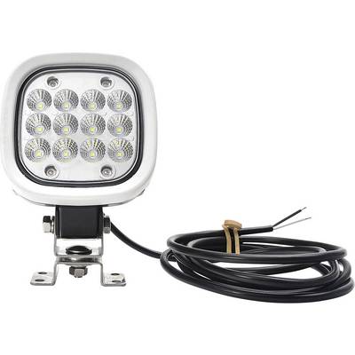 Ein LED-Arbeitsstrahler mit zwölf runden LEDs, montiert auf einem Metallfuß. Ein schwarzes Kabel ist an der Lampe angeschlossen.