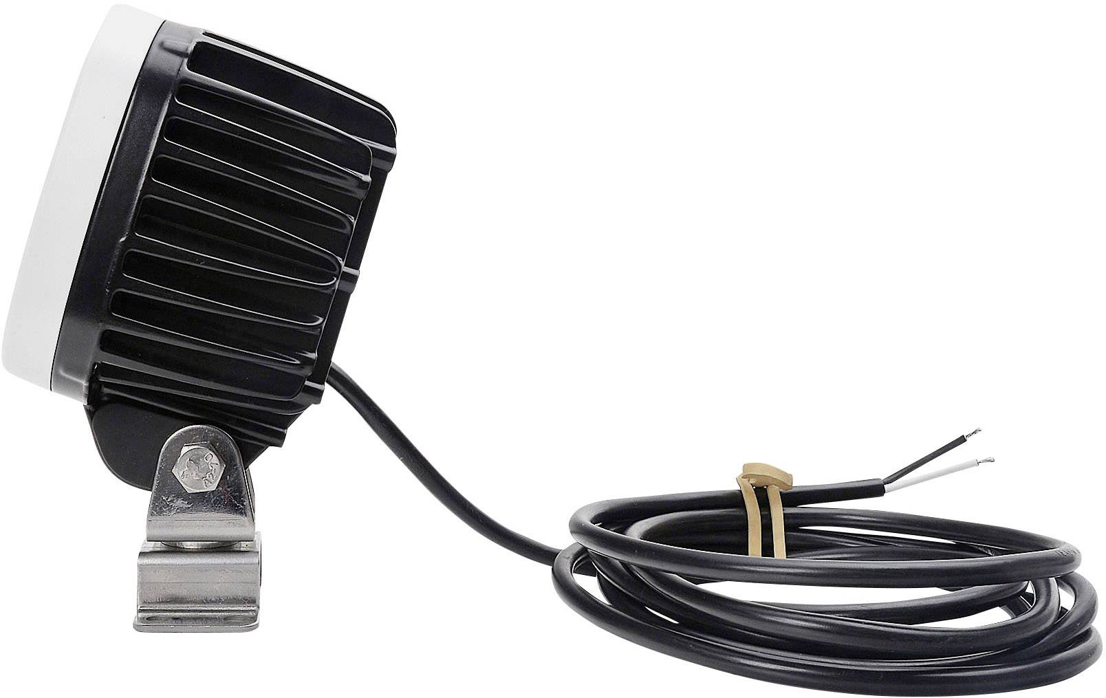 Schwarzer LED-Scheinwerfer mit Kühlrippen, seitlich montiert. Ein Kabel ist angeschlossen, geeignet für Outdoor-Beleuchtung.