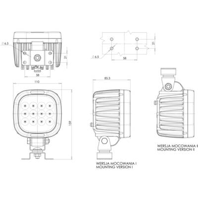 Technische Zeichnung einer Lampe mit zwei Befestigungsversionen, seitlichen und frontalen Ansichten, Maße in Millimetern angegeben.