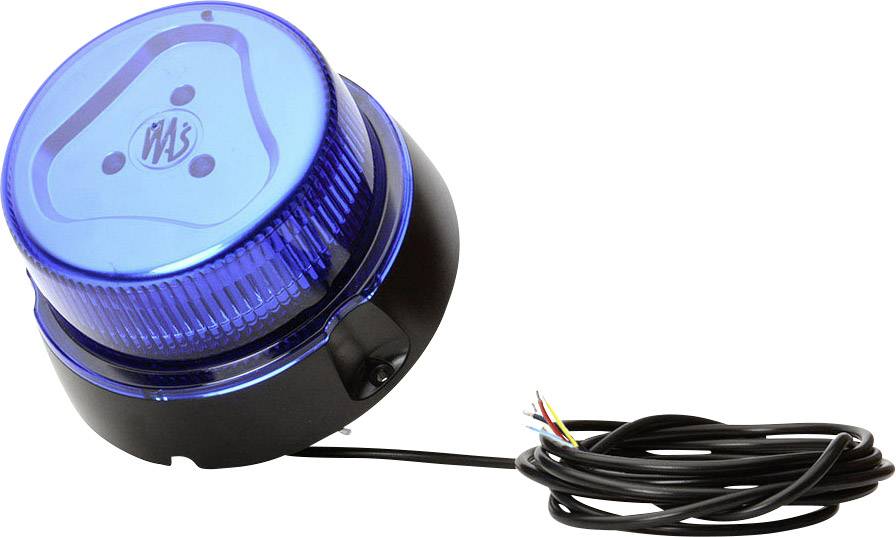 Blaue Rundumleuchte mit schwarzem Gehäuse und Kabel. Entworfen für optische Warnsignale in verschiedenen Anwendungsbereichen.