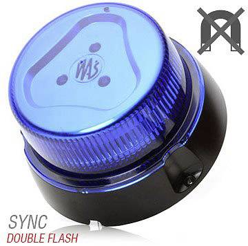 Blauer Rundumleuchte mit Aufschrift 'SYNC DOUBLE FLASH', durchgestrichenes Lautsprechersymbol, deutet auf geräuschloses Signal hin.