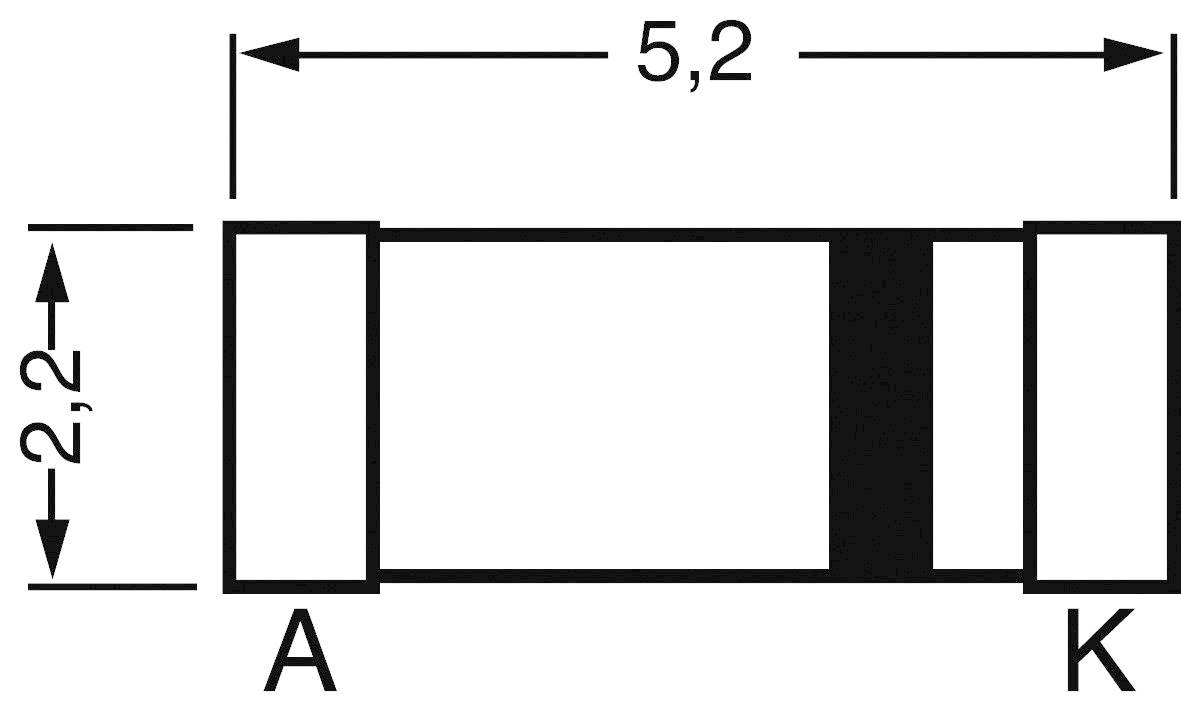 Diagramm eines rechteckigen elektronischen Bauteils mit den Maßen 5,2 x 2,2, markiert mit den Buchstaben 'A' und 'K'.