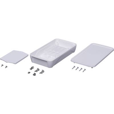 Ein weißes Gehäuse-Set mit abnehmbaren Abdeckungen, Schrauben und Klammern, gezeigt in Einzelteilen auf einem Tisch.