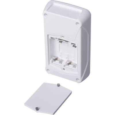 Weiße, rechteckige Fernbedienung oder kleines Gerät mit geöffnetem Batteriefach und abgenommener rückseitiger Abdeckung.