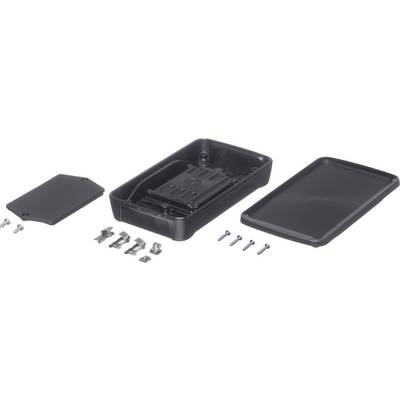Ein schwarzes Gehäuse-Set mit Schrauben und Halterungen, bestehend aus einem Hauptgehäuse, Deckel und Montagezubehör.