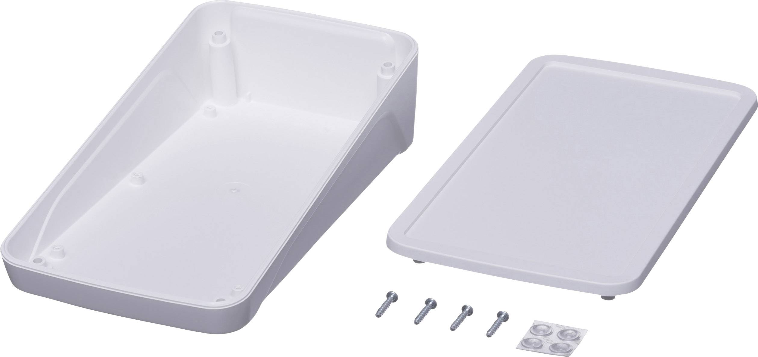 Plastikgehäuse und Deckel mit Schrauben und Gummifüßen, bereit zur Montage. Ideal für Elektronikprojekte oder DIY-Baugruppen.