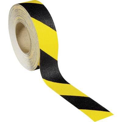 Eine Rolle Sicherheitsklebeband mit gelb-schwarzen Streifen, meist für Warnzwecke oder Absperrungen verwendet.