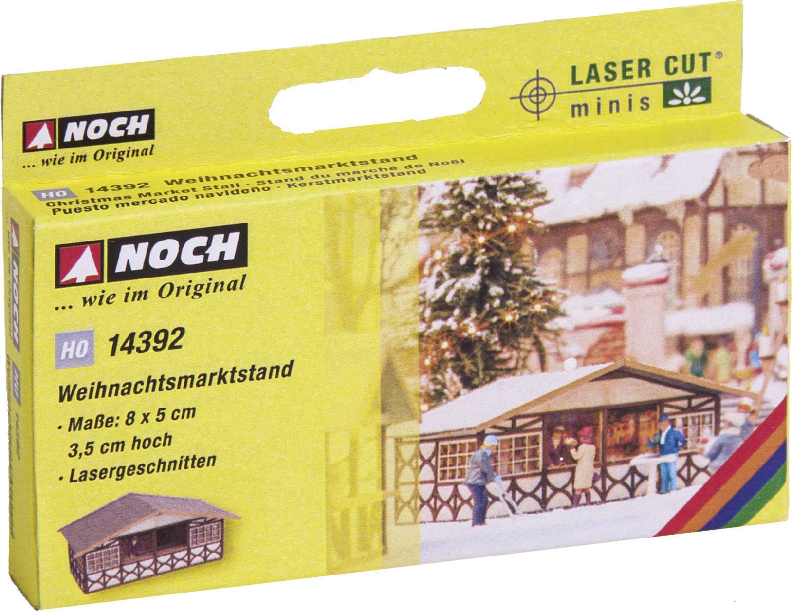 Schachtel mit Modellbausatz 'Weihnachtsmarktstand' von NOCH. Maßstab HO, Maße: 8 x 5 cm, 3,5 cm hoch. Lasergeschnitten.