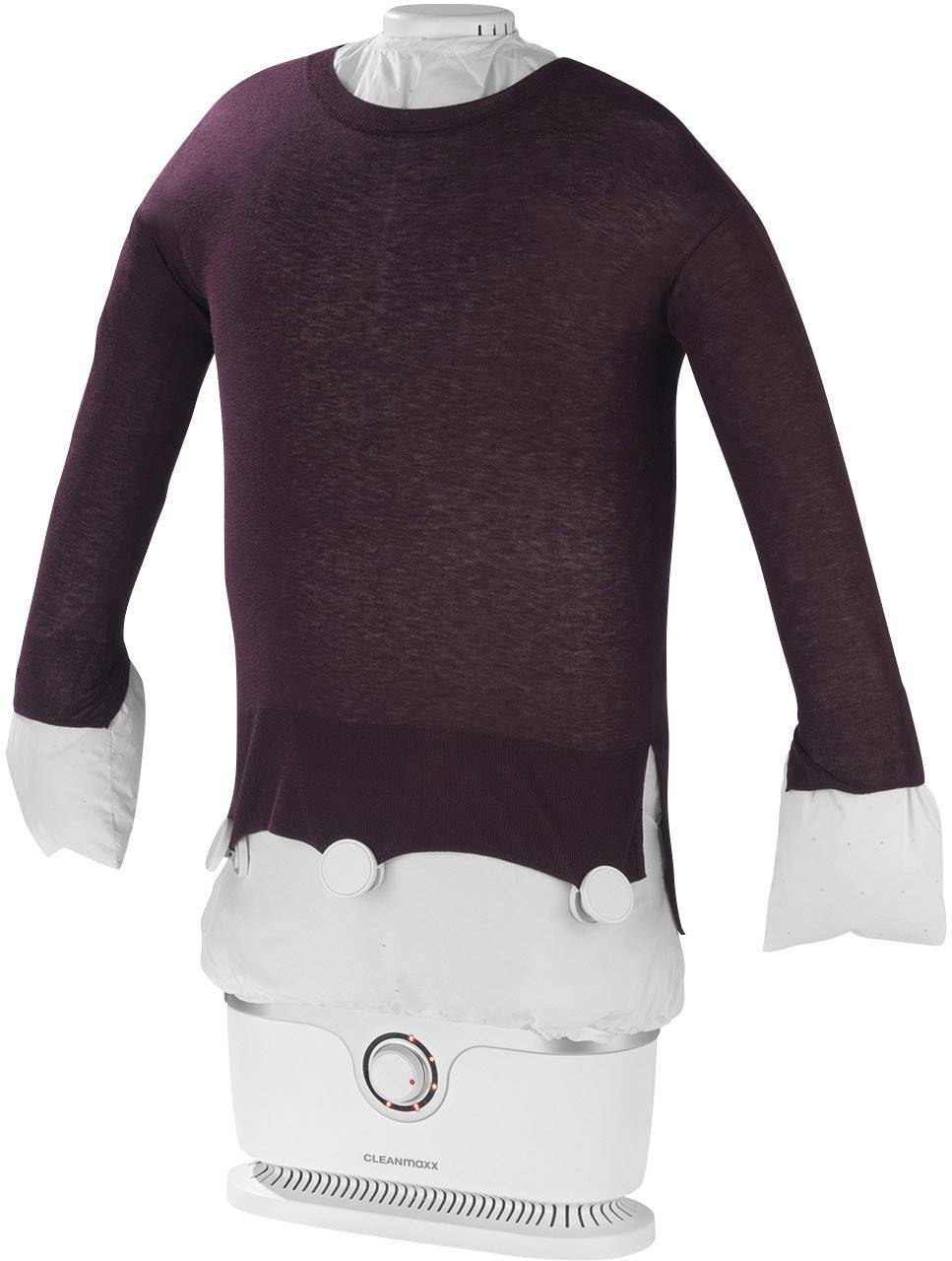 Ein Bügelgerät mit einem lila Pullover darauf. Das Gerät bläst Kleidung auf, um Falten zu entfernen.