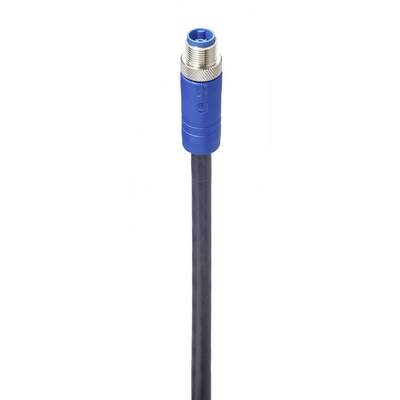Ein blaues Kabel mit Metallstecker zeigt nach oben. Es hat eine schwarze Isolierung und scheint für industrielle Anwendungen geeignet.