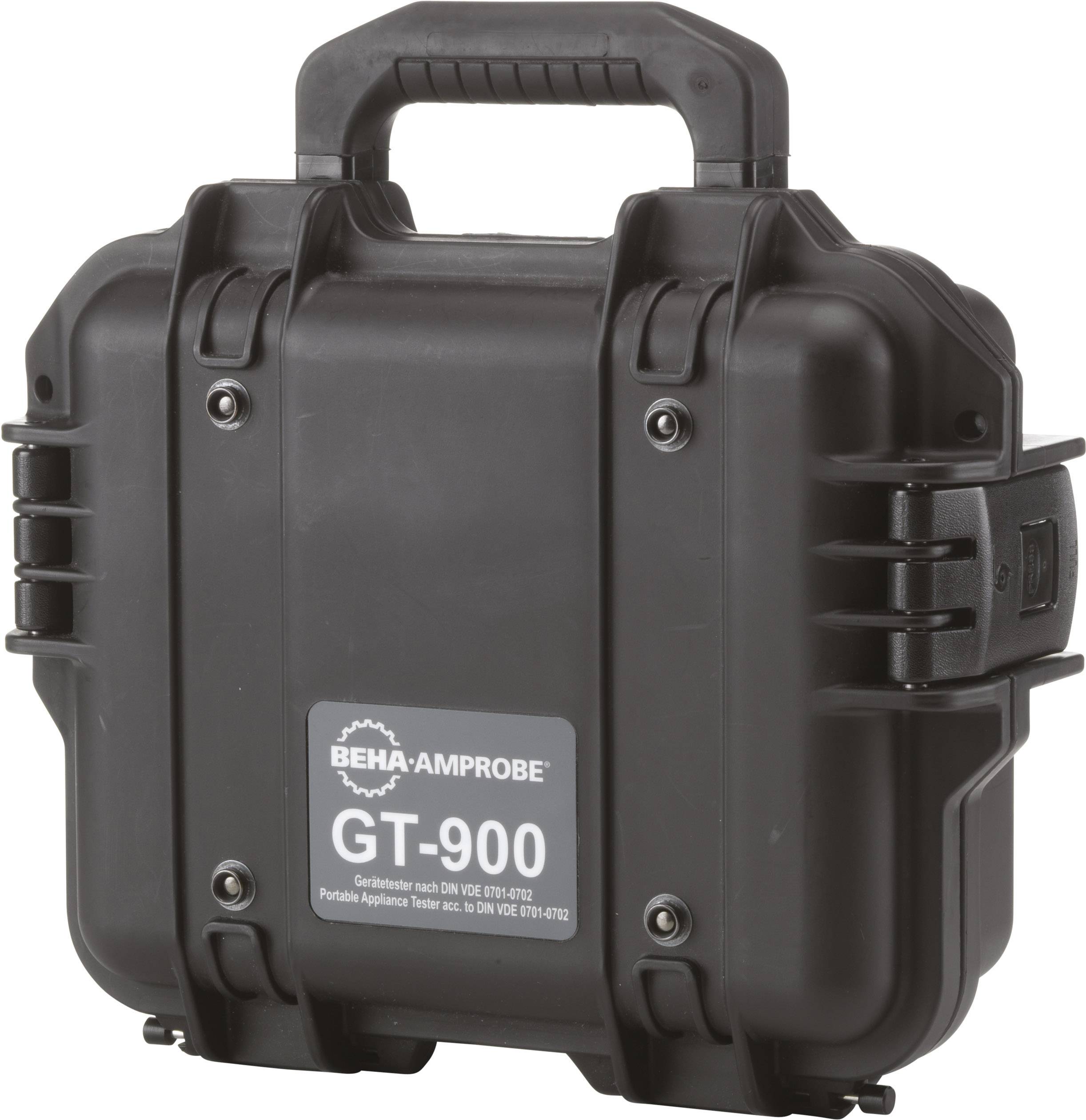 Schwarzer Koffer mit Aufschrift 'BEHA-AMPROBE GT-900'. Robuster Tragegriff, seitliche Verschlüsse. Geeignet für tragbare Prüfgeräte.