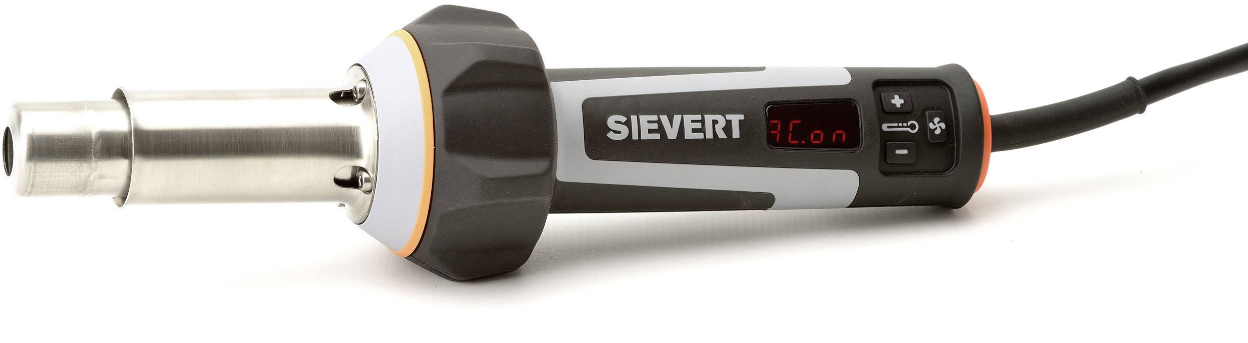 Heißluftgebläse mit schwarzem Griff und der Aufschrift 'Sievert', mit digitalem Display und Kabel am Ende.