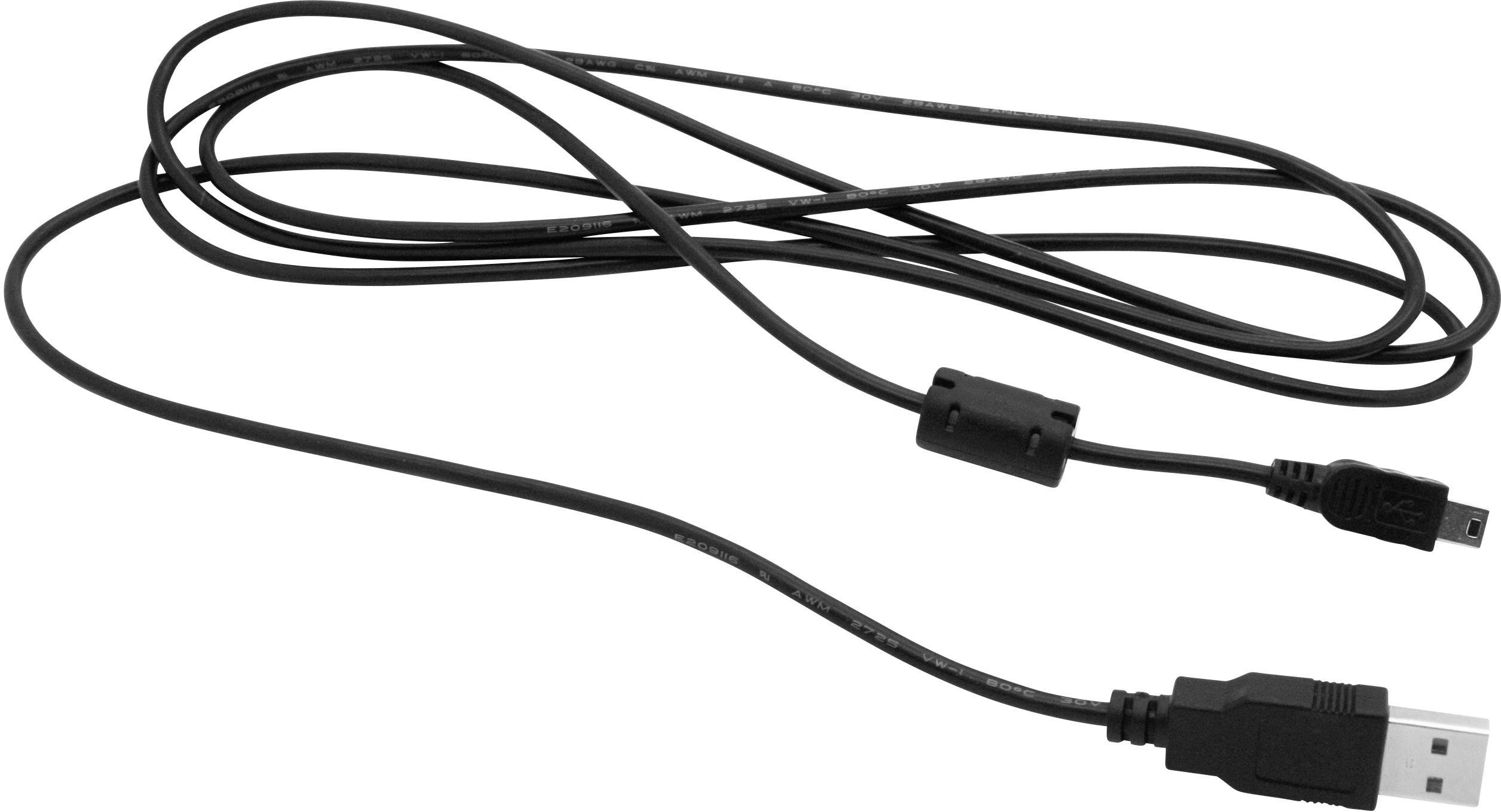 Ein langes, schwarzes USB-Kabel mit einem Standard-USB-Stecker an einem Ende und einem Mini-USB-Stecker am anderen Ende.