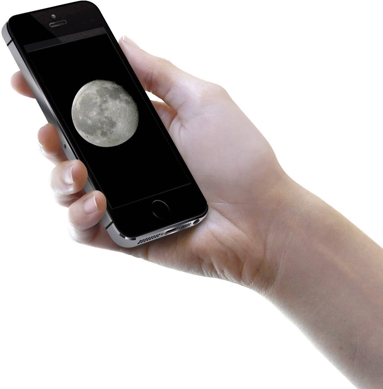 Eine Hand hält ein Smartphone, das ein Bild des Vollmondes auf dem Bildschirm zeigt.