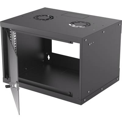 Ein schwarzer, offener Wandschrank mit zwei Lüfteröffnungen oben und einer seitlich angeschlagenen Glastür zur Aufbewahrung von technischen Geräten.