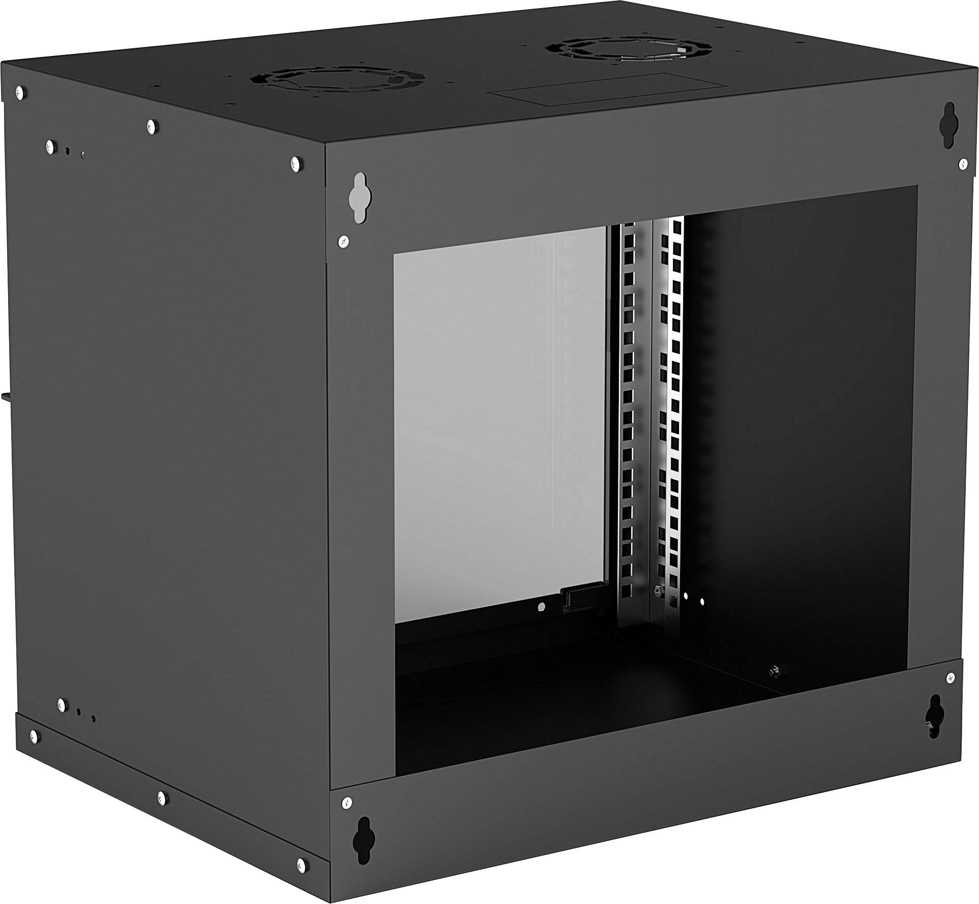 Ein schwarzes Server-Rack-Gehäuse mit Lüftungslöchern auf der Oberseite, geeignet zur Wandmontage in einem technischen Raum.