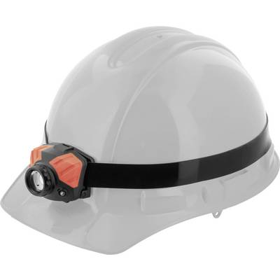 Schutzhelm mit angebrachtem LED-Stirnlicht, ideal für Bauarbeiten oder nächtliche Aktivitäten.