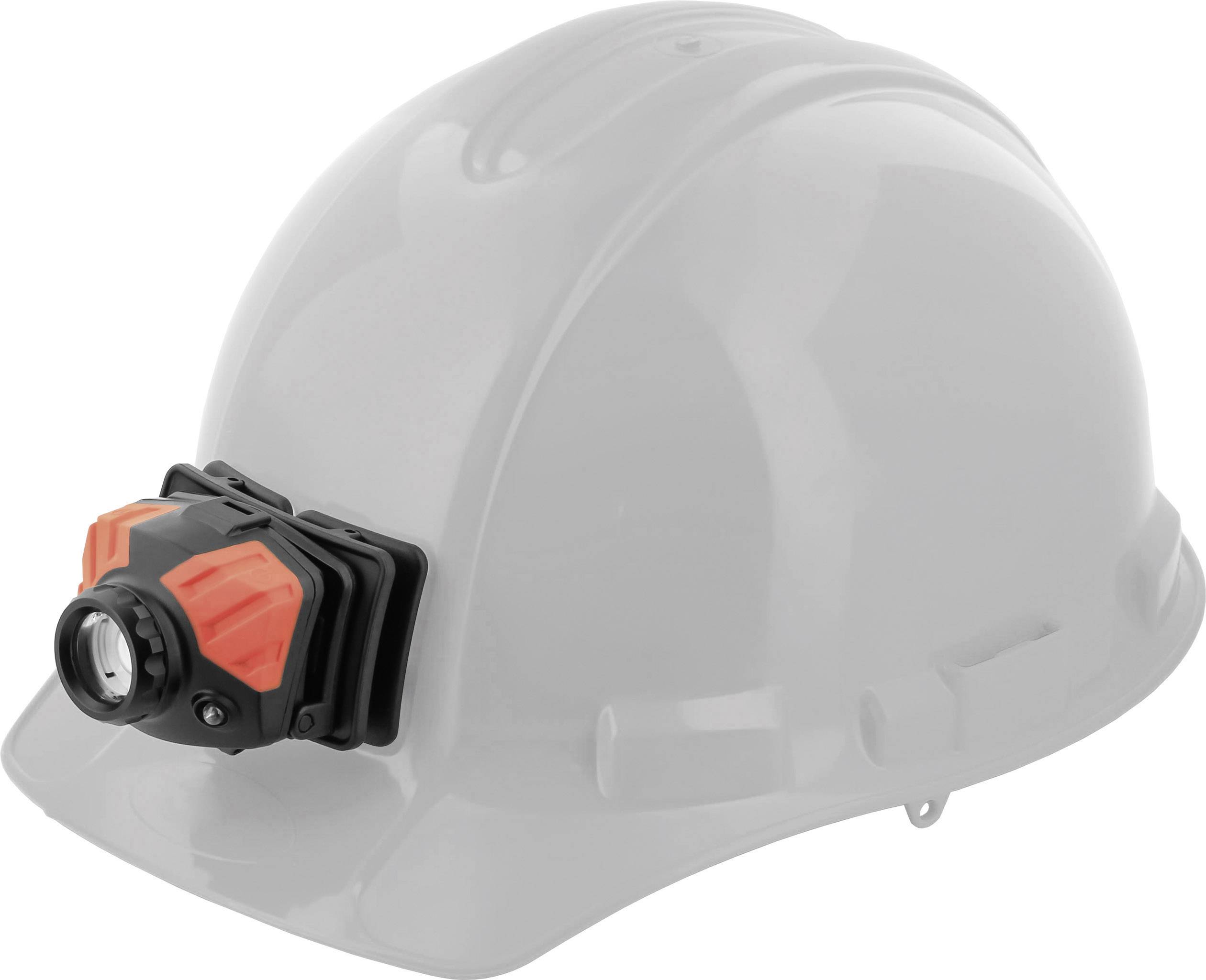 Ein weißer Industrieschutzhelm mit einer angebrachten LED-Stirnlampe.