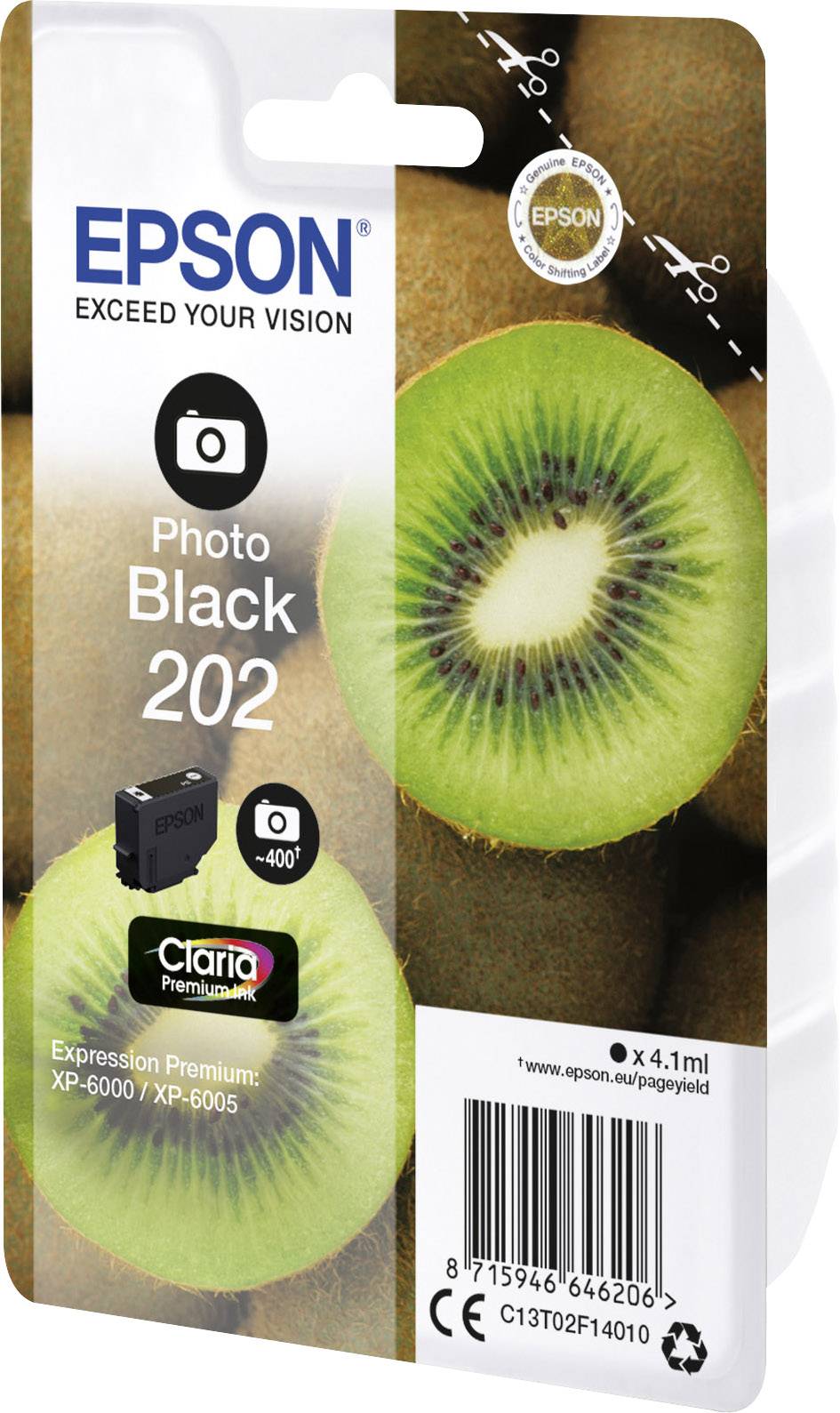 Verpackung einer Epson 202 Foto Black Tintenpatrone, passend für Druckermodelle XP-6000 und XP-6005, mit einem Kiwi-Bild.