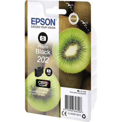 Verpackung einer Epson 202 Foto Black Tintenpatrone, passend für Druckermodelle XP-6000 und XP-6005, mit einem Kiwi-Bild.